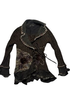 Forks Paris brown ruffle cardigan sweater 3d art